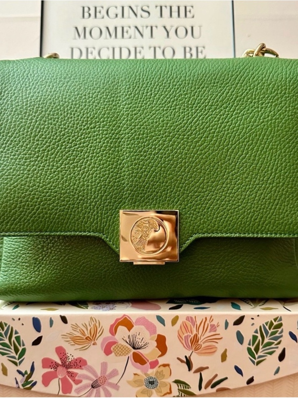 Authentic Versace Green Leather Shoulder Bag with Iconic Gold Medusa Emblem